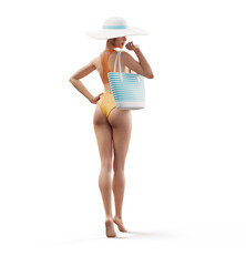 Unusual 3d illustration of a beautiful slender female with handbag on a tropical island at the ocean. Summertime. Traveling and vacation concept