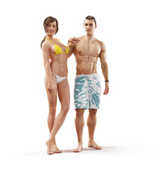 Fototapeta na wymiar Unusual 3d illustration of a beautiful young couple in swimming clothes. Summertime. Traveling and vacation concept