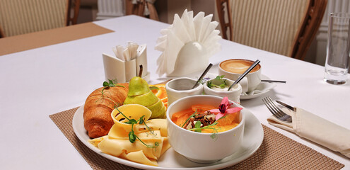 The option of a breakfast serving. Hearty breakfast with a cup of coffee
