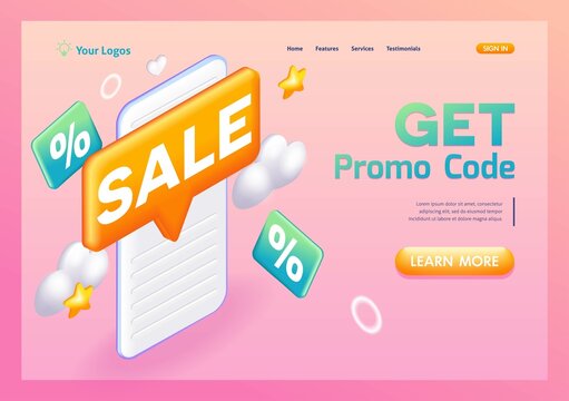 3D Isometric, cartoon. Get Promo Code. Mobile application, a message about the sale. Sale and discounts. Trending Landing Page