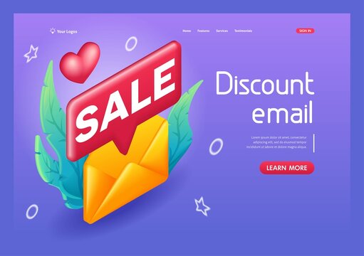 3D Isometric, cartoon. Discount email, coupon, cash back, seasonal sale. Online shopping concept. Trending Landing Page