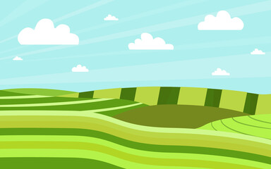Summer meadow panorama cartoon style. Hills and hills under the blue sky. White clouds. Agricultural land has been planted. Vector cartoon illustration, flat