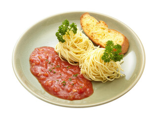 Spaghetti with meat-based tomato sauce and garlic bread