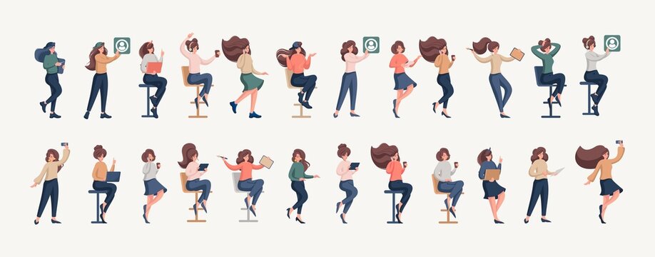 Set of happy girls demonstrating the joy of work, draws, works at a laptop, composes poems, programs. Color flat vector illustration