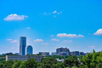 大阪北摂　千里ニュータウンの青空背景の写真　【大阪風景】