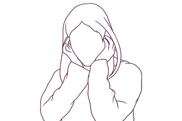depressed woman hold her head. hand drawn style vector illustration