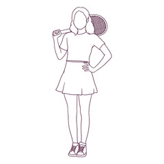 Young female tennis player hold a racket. hand drawn style vector illustration