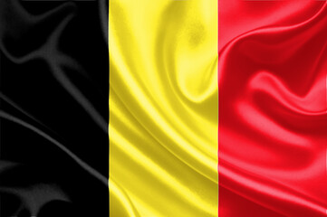 3d illustration Belgium flag on satin texture with waving flag - obrazy, fototapety, plakaty