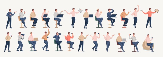 Fototapeta na wymiar Set of happy young men demonstrating the joy of work, draws, works at a laptop, composes poems, programs. Color flat vector illustration
