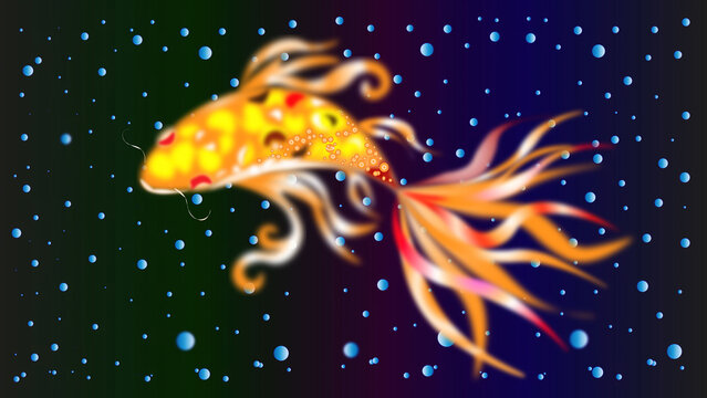 Glowing goldfish. In the depths of dark waters a golden fish of well-being swims. Air bubbles in water rise up.make a wish