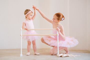 The older sister, a ballerina in a pink tutu and pointe shoes, shows the baby how to practice at...