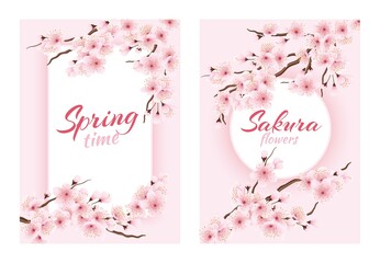 Blossom sakura flower cards. Japan floral bloom wedding invitation, greeting card design, japanese spring. Poster with realistic cherry branches. Romantic backgrounds. Vector template