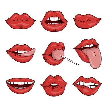 Sexy mouth lips. Woman smile with tongue, lick and with lollipop, hot female red gloss lipstick, beautiful love symbol. Cosmetic with shine teeth, glamour fashion makeup vector cartoon set