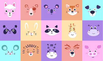 Cute animal faces. Hand drawn rabbit and lion, art cat and monkey, simple square print, funny characters, doodle style graphic. Childish t-shirt or poster, nursery decor. Cartoon vector set