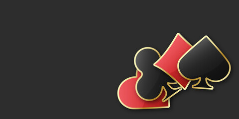 Hearts diamonds clubs spades sign chips. Glossy playing card suit symbols with gold border. Vector illustration card sign with shadows on black background.