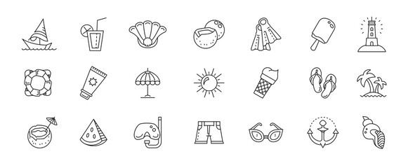 Summer icons. Holiday line beach leisure pictograms. Palm and coconut cocktail. Sea recreation and sun slippers. Ice cream. Tropical island. Relaxation symbols. Vector illustration set
