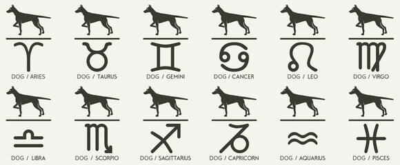 Icons chinese horoscope dog with zodiac Vector Year of the dog Animal icons eastern annual horoscope and zodiac signs in one symbol 2030 2042 2054 2066 years