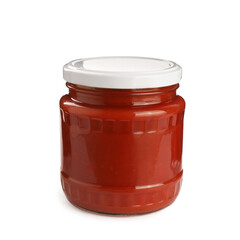 Glass jar of delicious canned lecho isolated on white