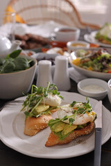 Delicious sandwiches and many different dishes served on buffet table for brunch