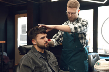 Professional hairdresser working with bearded client in barbershop