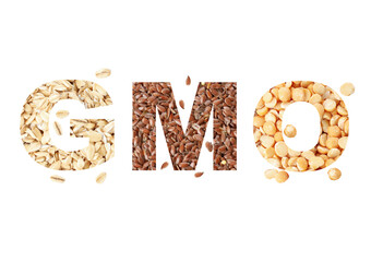 Abbreviation GMO made of cereal and different seeds on white background