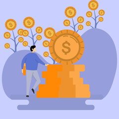 man holding big gold dollar coin. Earning, saving and investing money concept.