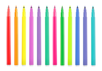 Set with bright multicolored marker pens on white background