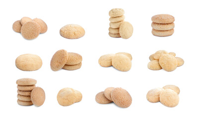 Set with tasty sugar cookies on white background