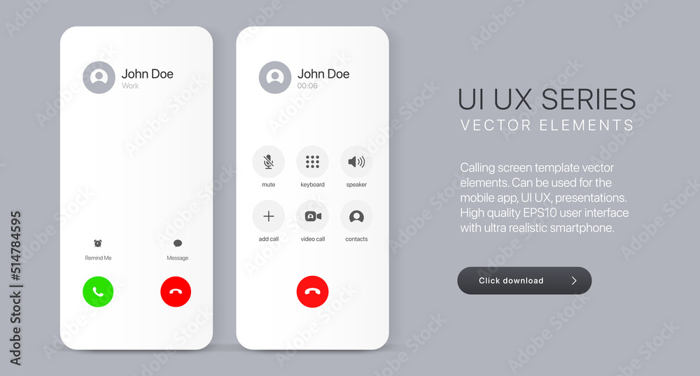 Aufkleber Voice call screen. Mockup incoming call, voicemail screen, smartphone interface vector UI UX template for application. New Call screen template. Mobile app display template. Vector illustration.