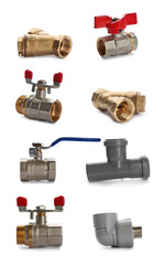 Set of pipe fittings and valves on white background. Plumbing supplies