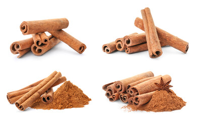 Set with aromatic cinnamon sticks and powder on white background
