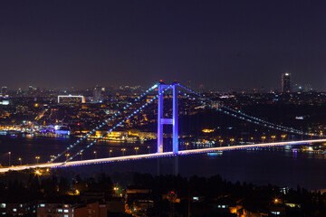 Fototapeta na wymiar 15 July Martyrs Bridge in the Night Lights, Uskudar Istanbul Turkey