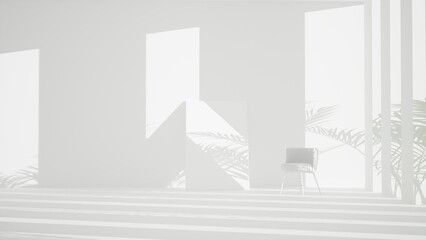 empty white room interior with single chair and big poster mockup, sunlight and plant shadows