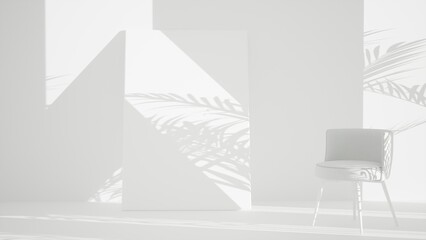 empty white room interior with single chair and big poster mockup, sunlight and plant shadows