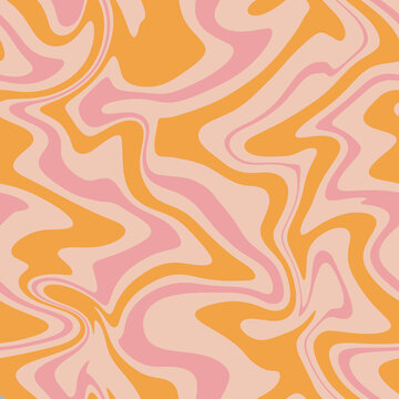 Groovy hippie retro seamless pattern. Disco wavy marble background for trendy funky prints. Trippy psychedelic swirl summer backdrop.