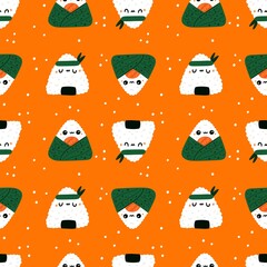 Cute sushi rolls seamless pattern. Cartoon triangular onigiri with funny rice with nori algae and salmon filling. Japanese food happy characters. Asian snacks. Garish vector background