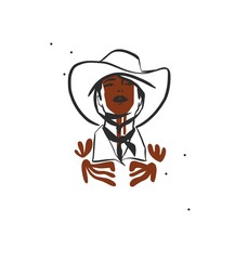 Hand drawn abstract vector graphic clipart illustration boho cowgirl in hat portrait.Western female design concept.Bohemian wild west contemporary art.Cowboy girl modern drawing.American cowgirl logo.
