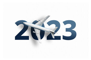 The concept of the new year 2023. Airplane flying over the numbers.