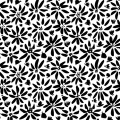Seamless vector pattern with simple flowers. Black brush botanical elements. Decorative floral ornament. Silhouettes of garden flowers in bloom. Vector design for textile, wrapping paper and branding