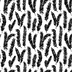 Black branches with small leaves vector seamless pattern. Spruce branches silhouettes. Botanical seamless background with tropical fern leaves. Various black silhouettes. Hand drawn botanical motif