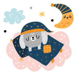Sleepy cute animal. Happy baby creature dreaming in bed. Cartoon puppy sleeping under blanket on cloud. Dog and crescent in nightcaps. Night relaxation. Vector slumbering mammal cub