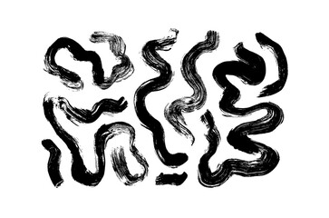 Black paint curved brush strokes vector collection. Hand drawn marker scribbles. Grunge curly lines, swirl brushstrokes. Vector black scribbles, squiggles. Modern calligraphy smears isolated on white