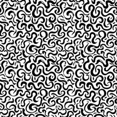 Wavy and swirled doodle brush strokes vector seamless pattern. Black paint freehand scribbles, s-shape elements. Small swirls background. Monochrome thin curly pattern. Curl lines abstract wallpaper