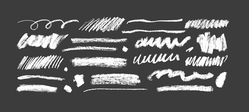 Chalk pencil lines and squiggles, wide strokes, hatching. Scribble white strokes vector set. Hand drawn charcoal scribbles. White pencil sketches, drawings. Scrawl elements isolated on dark background