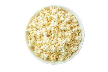 popcorn isolated on white background. flat lay of popcorn in bowl. top view. copy space for text