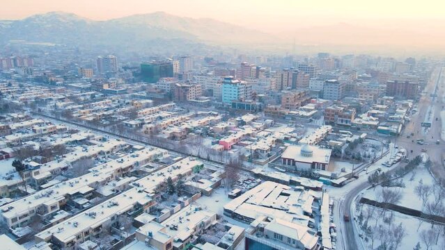Beautiful view of Kabul city, Afghanistan, Snowing day winter season. 