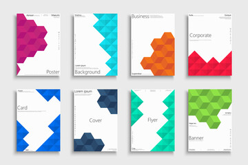 Collection of abstract 3d geometric color covers, templates, backgrounds, placards, brochures, banners, flyers and etc. Creative business corporate posters, cards, catalogs