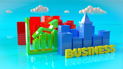 Stadt mit Gebäuden und Business-Chart und Text Business im Vordergrund mit Wolken am Himmel im Hintergrund