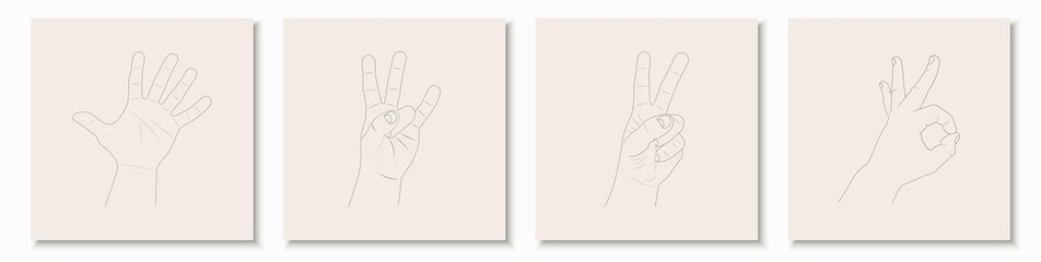 Set of drawn hand gestures. Human arms in outline style. Isolated drawing signs. Vector illustration