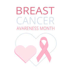Breast cancer awareness poster. Pink ribbon and hearts.